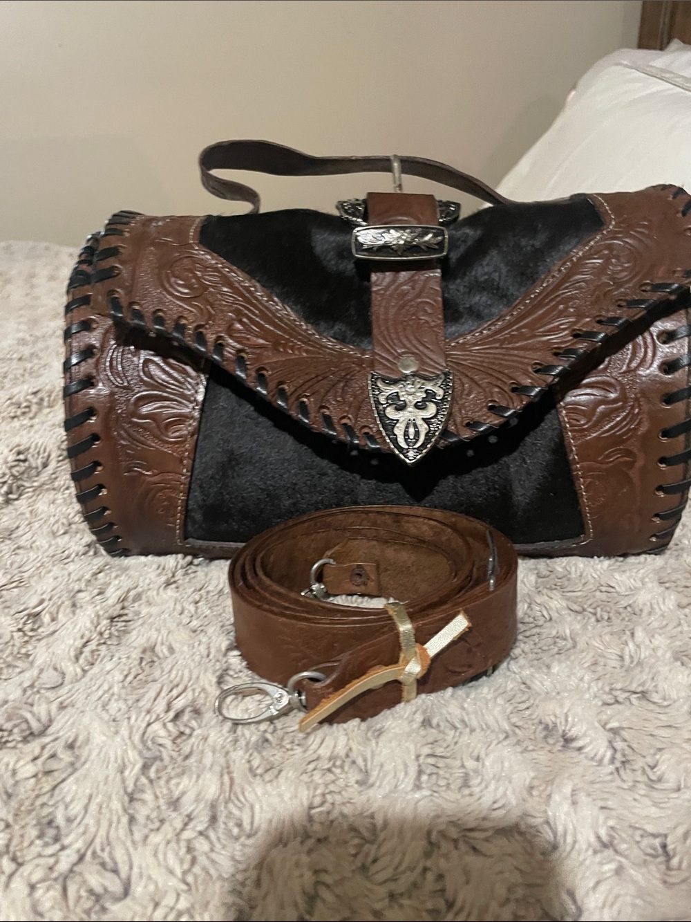 Brown Tooled Leather Western Crossbody Bag with Black Haircalf
